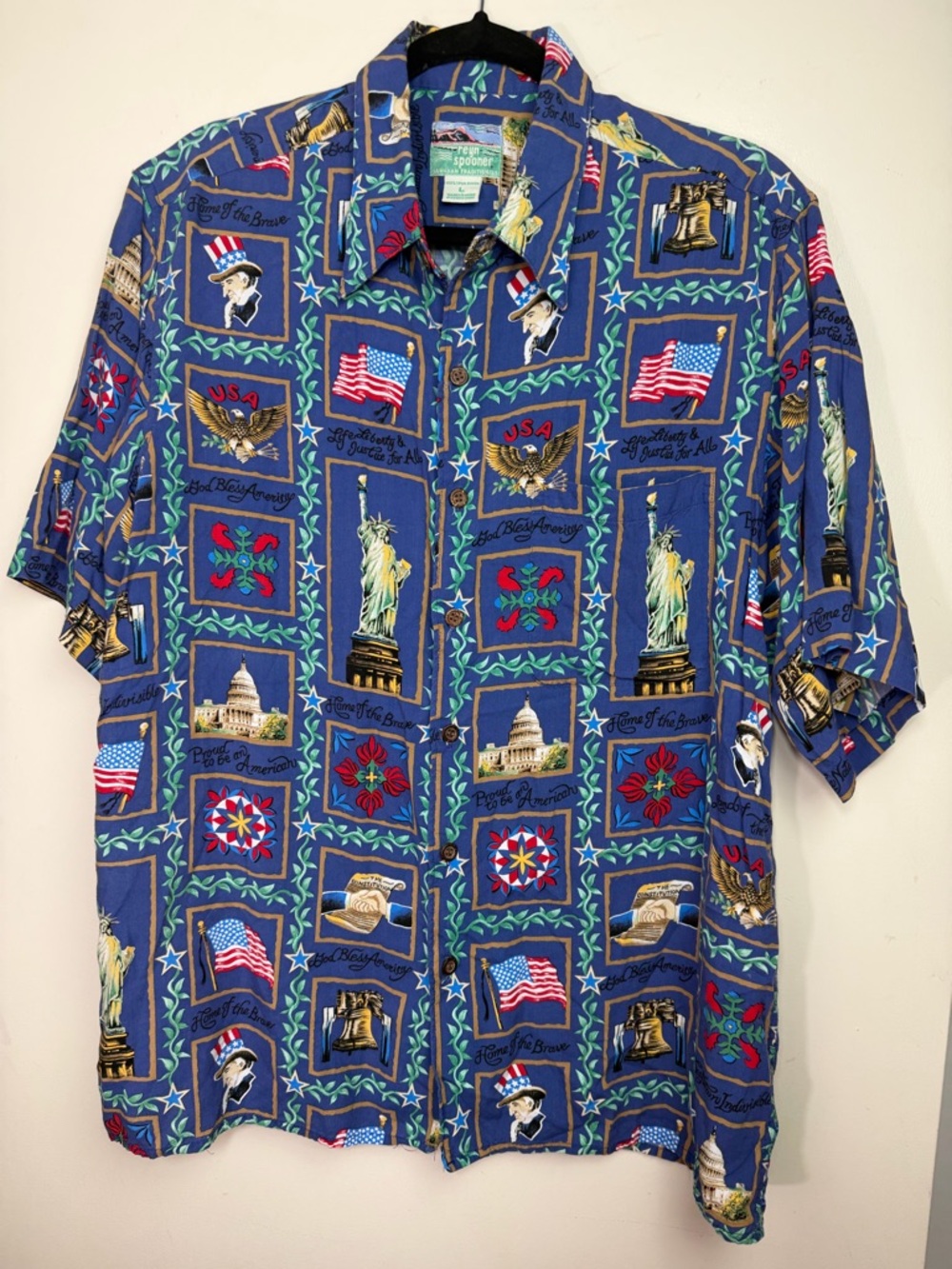 Reyn Spooner Vintage Blue Aloha USA Patriotic Liberty Print Button Down Shirt L